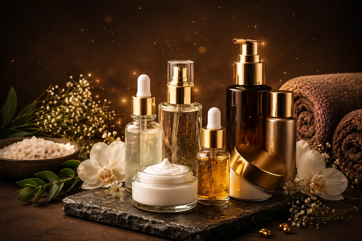 Luxury skincare products with serums and towels