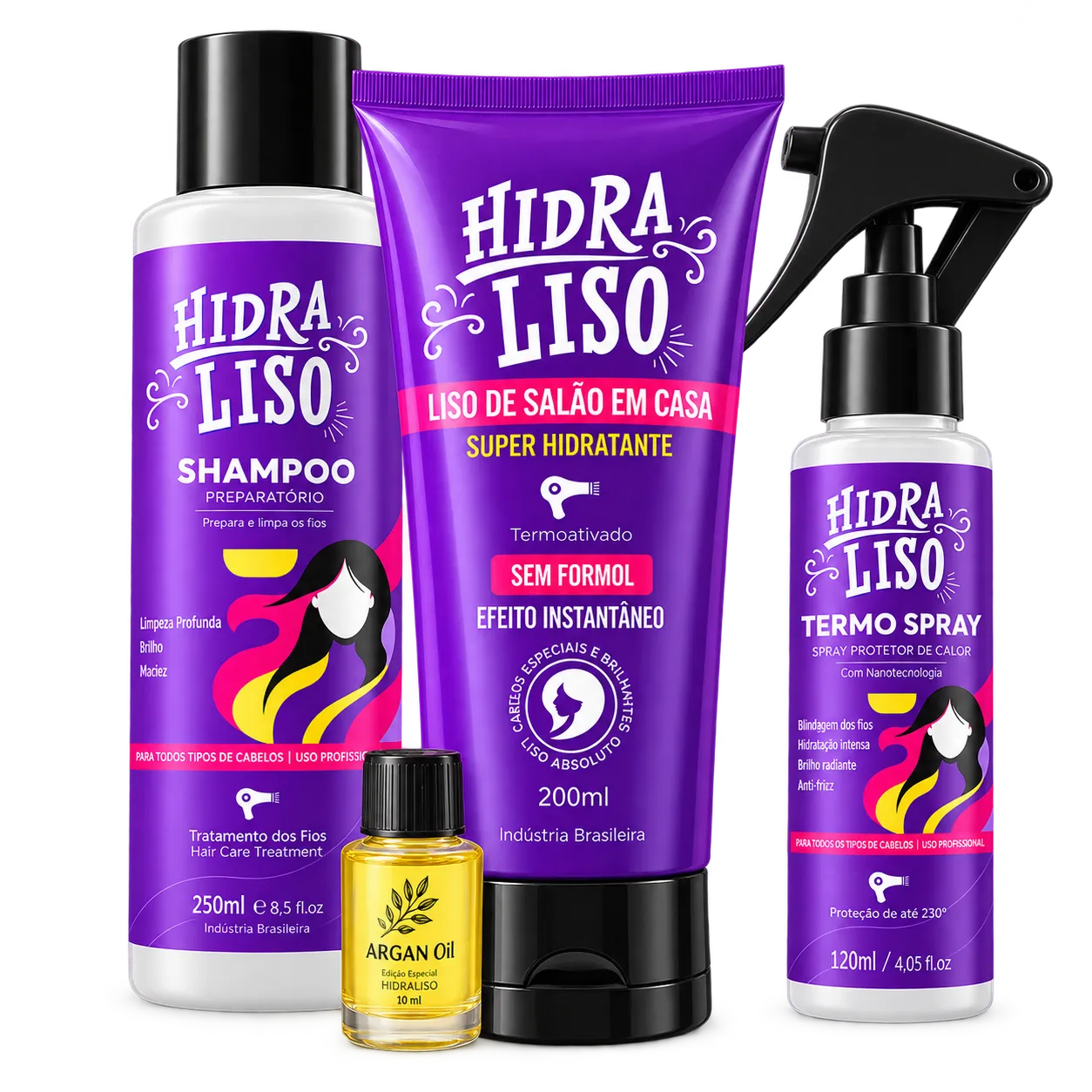 Kit Hidraliso com tratamento, shampoo, termo spray e argan