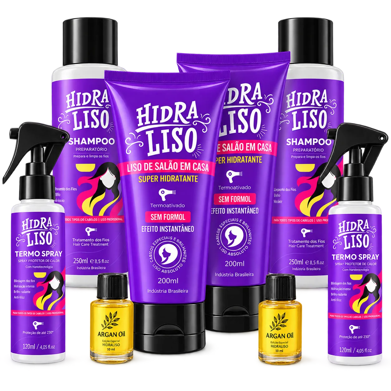 Kit Hidraliso completo com tratamentos, shampoos, termos spray e argan