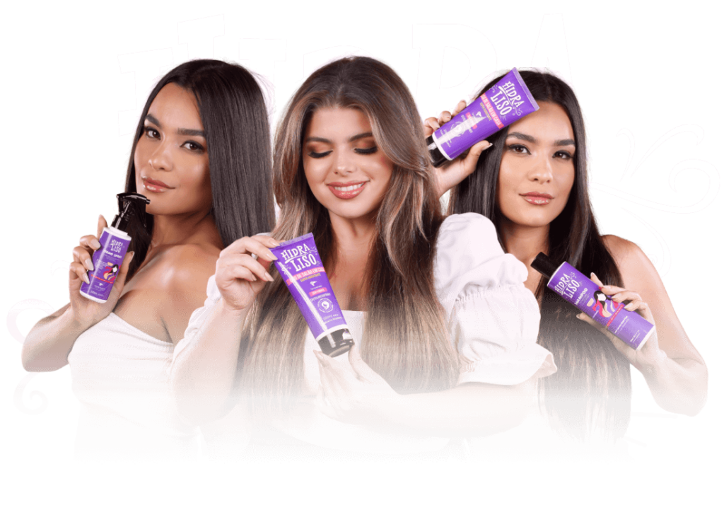 Três mulheres apresentando produtos Hidraliso